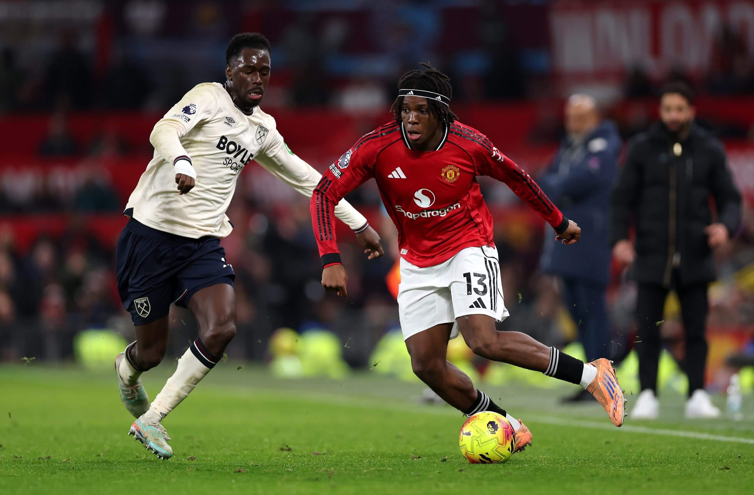West Ham's Soungoutou Magassa pictured vying for the ball with Manchester United's Patrick Dorgu