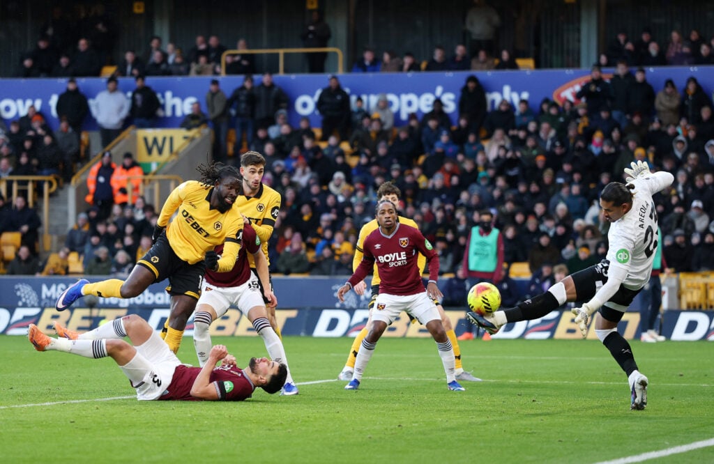 Alphonse Areola makes a save from Tolu Arokodare during West Ham vs Wolves in the Premier League.