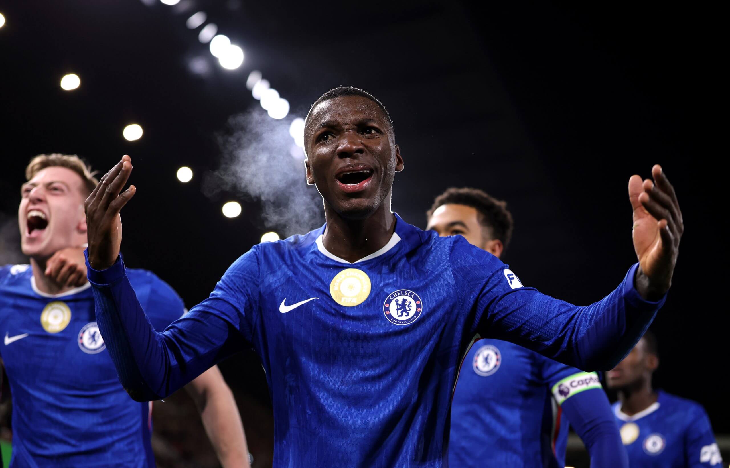 Moises Caicedo celebrates team-mate Liam Delap's goal against Fulham in January