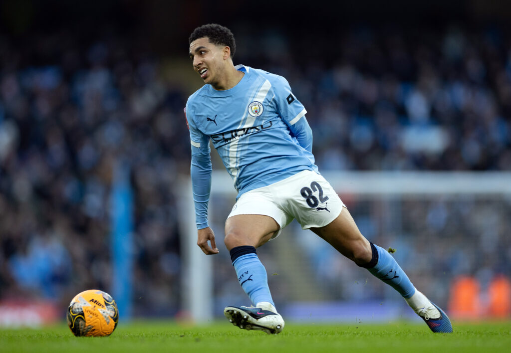 Rico Lewis playing for Manchester City against Exeter in the FA Cup.