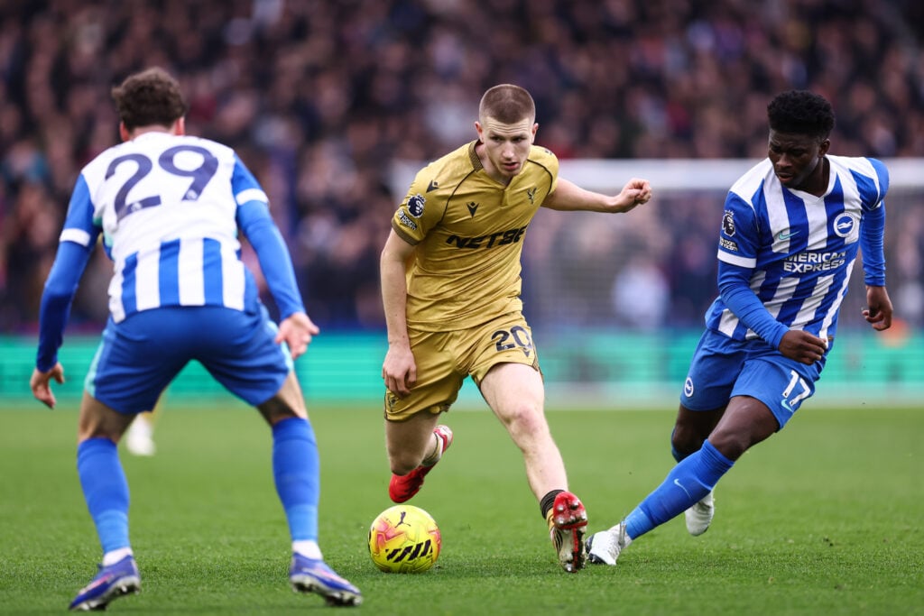 Adam Wharton and Carlos Baleba battle during Crystal Palace vs Brighton.