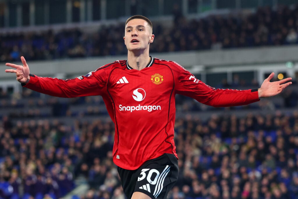 Benjamin Sesko celebrates scoring the opener during the Premier League match between Everton and Manchester United at the Hill Dickinson Stadium in 2026 in Liverpool, England.