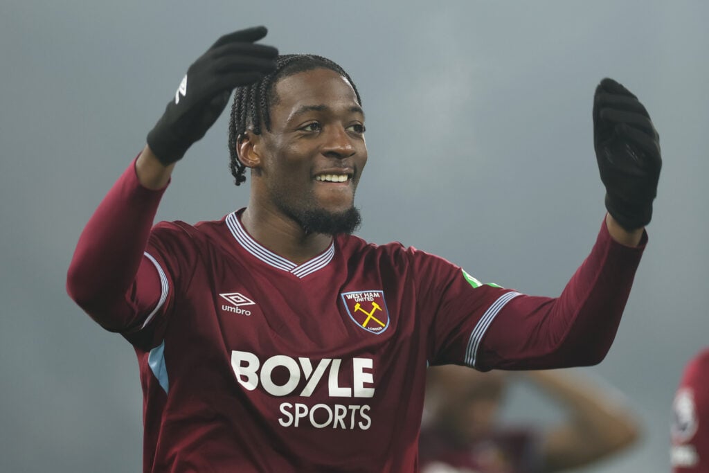 Axel Disasi celebrates after West Ham United beat Fulham in the Premier League.