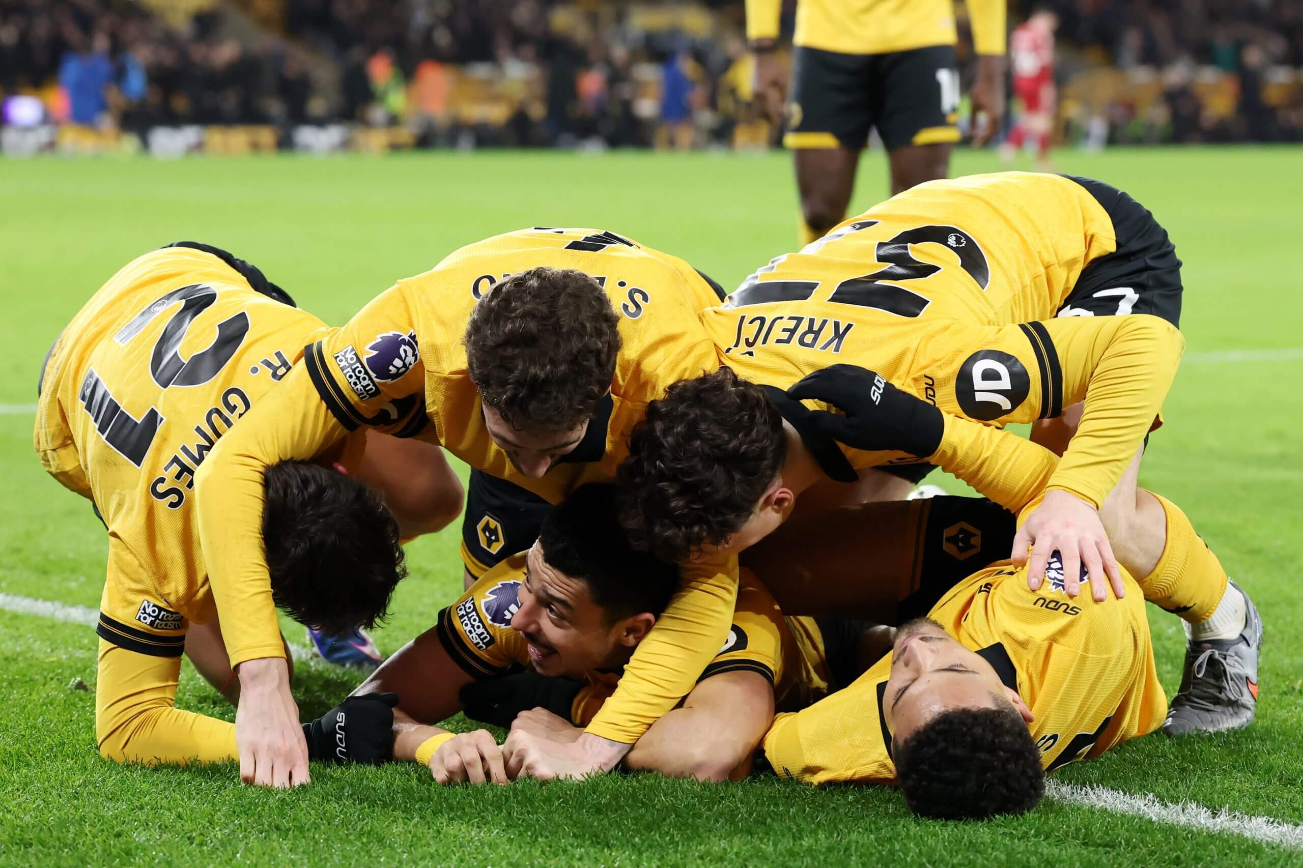 Wolves players celebrate their late winner against Liverpool last month
