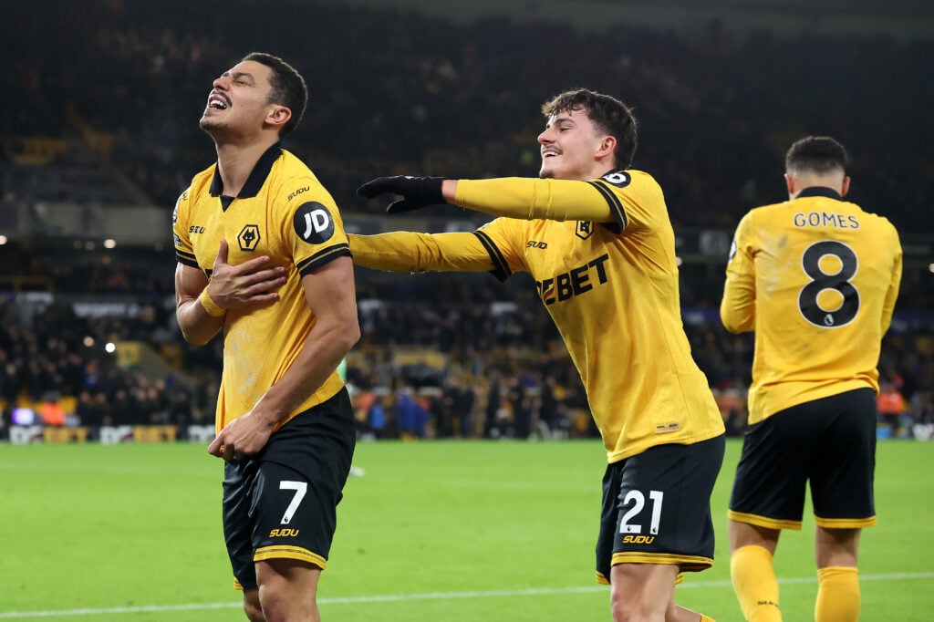 Andre, Rodrigo Gomes and Joao Gomes during Wolverhampton Wanderers v Liverpool - Premier League