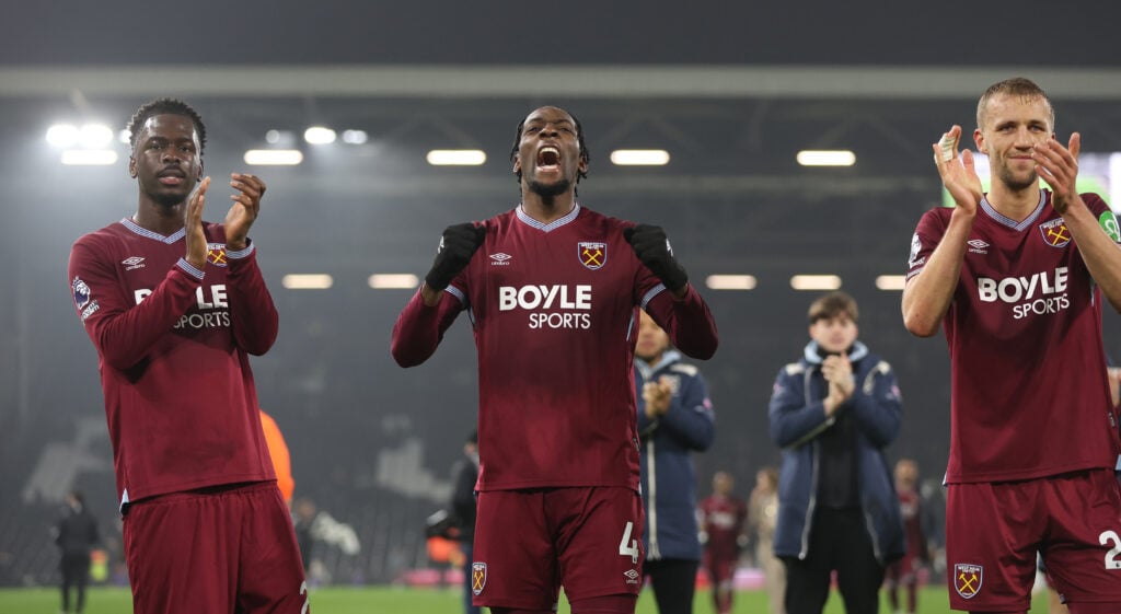 Axel Disasi, Soungoutou Magassa and Tomas Soucek at the end of the match during the Premier League match between Fulham and West Ham United