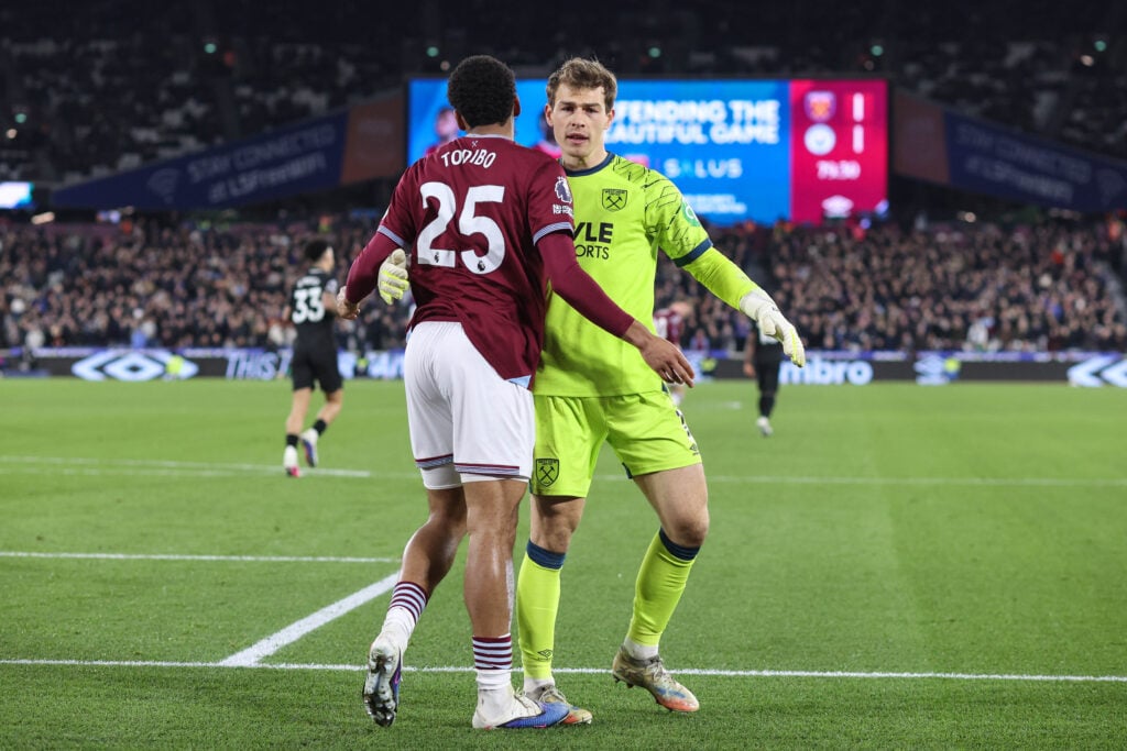 Jean-Clair Todibo congratulates Mads Hermansen during West Ham United v Manchester City - Premier League