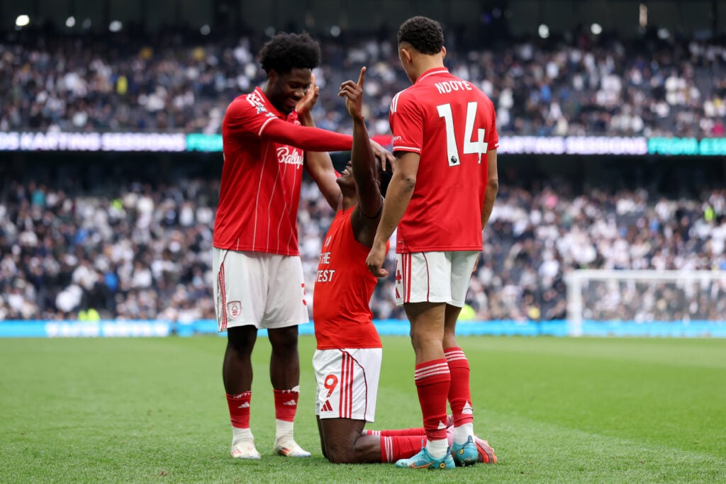 Dan Ndoye celebrates with Taiwo Awoniyi as Nottingham Forest beat Tottenham.