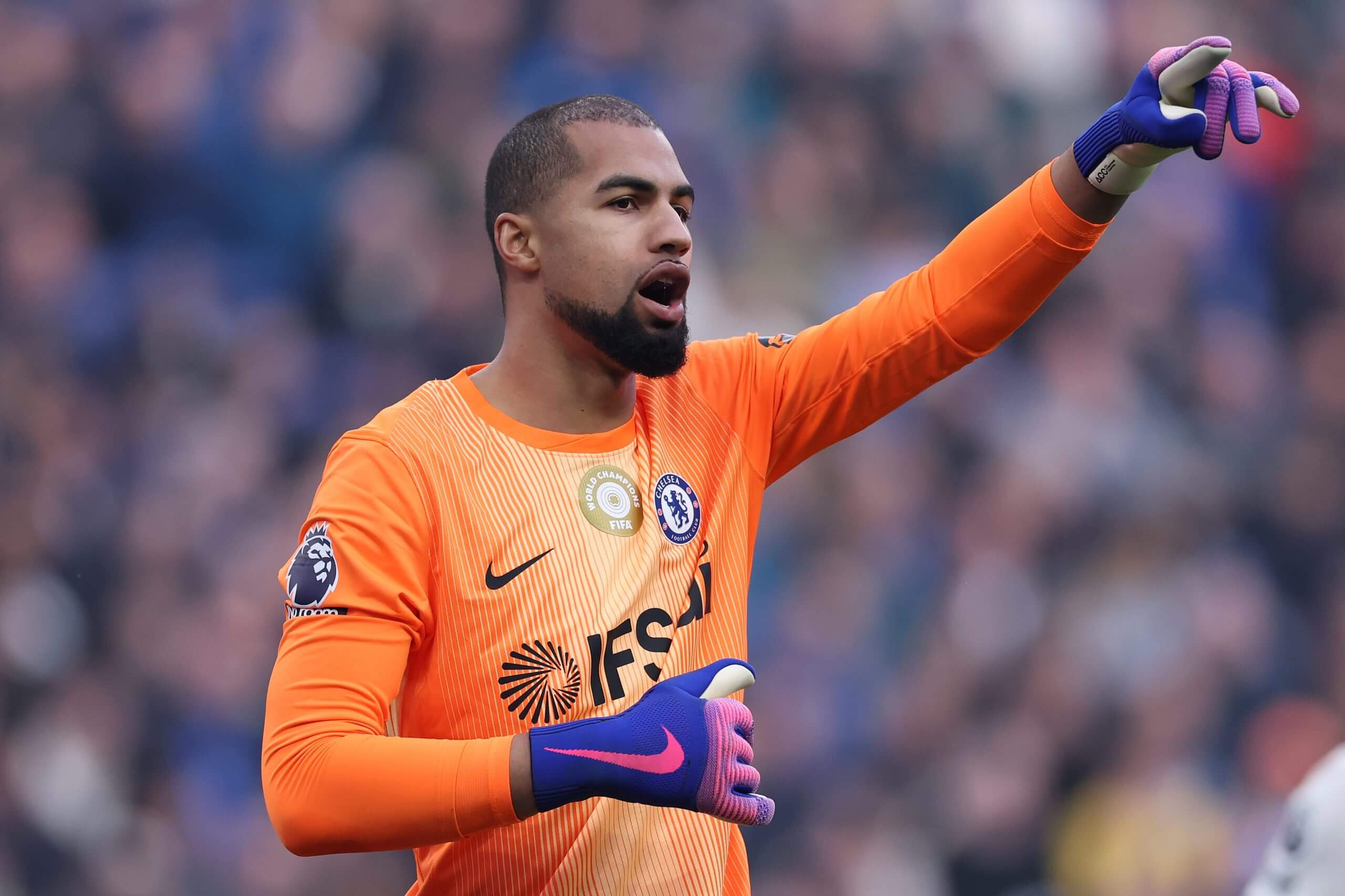 Chelsea's Robert Sanchez points during a Premier League game