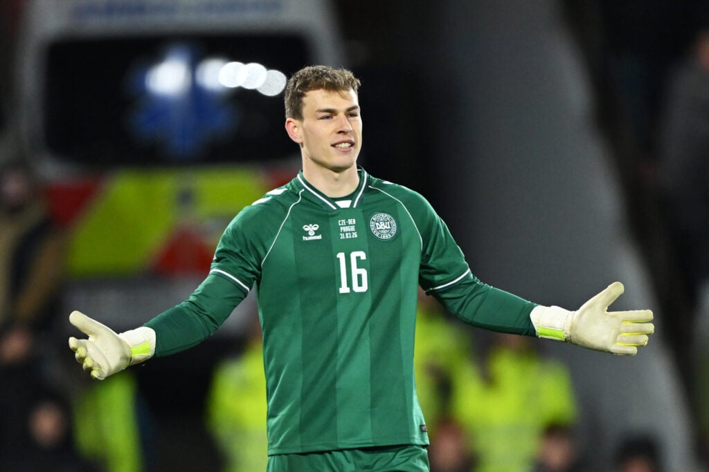 Mads Hermansen reacts in the penalty shootout during the FIFA World Cup 2026 European Qualifiers KO play-offs match between Czechia and Denmark