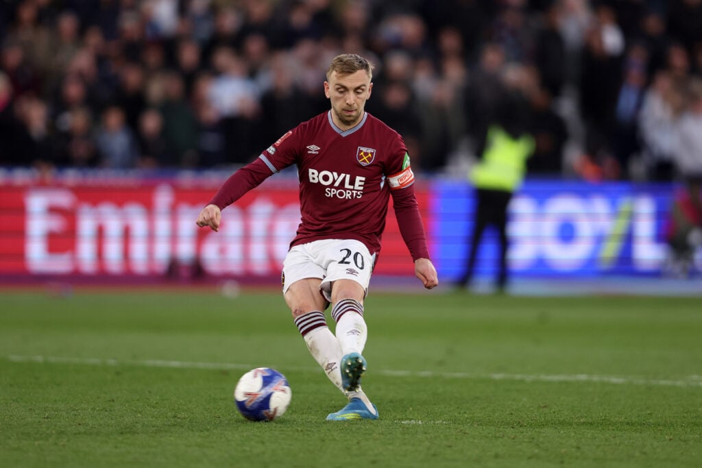 Jarrod Bowen of West Ham United misses a penalty during the Emirates FA Cup Quarter Final match between West Ham United and Leeds United