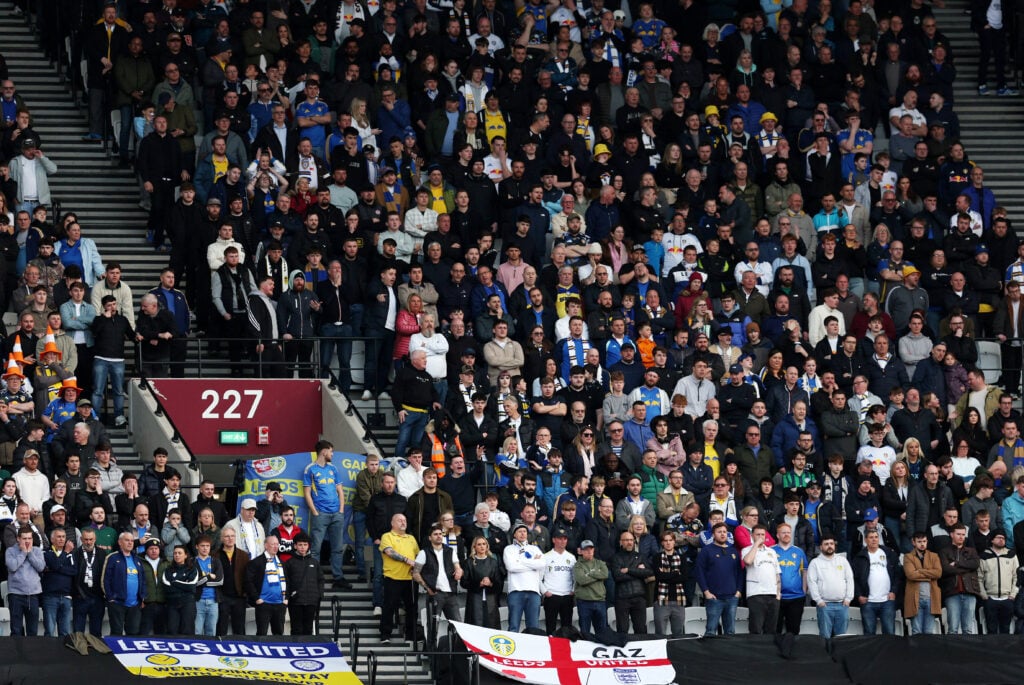 A general view of Leeds United fans at West Ham's London Stadium