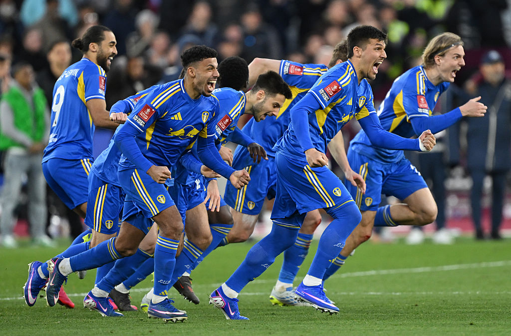 Leeds celebrate after beating West Ham on penalties