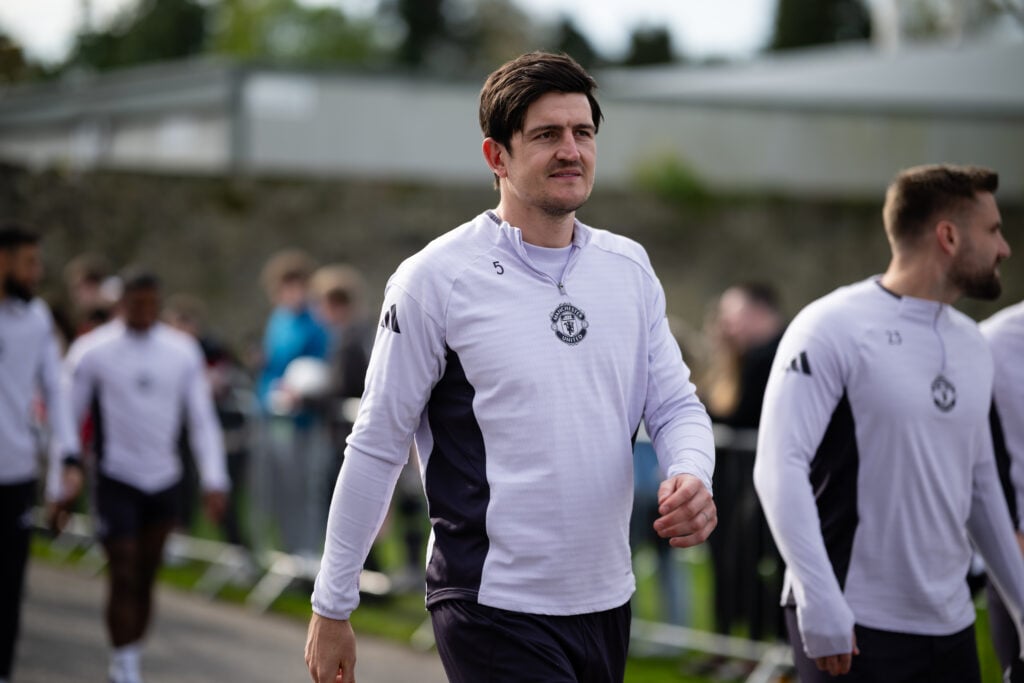 Harry Maguire in action during a first-team Manchester United training session in 2026 in Dublin, Ireland.