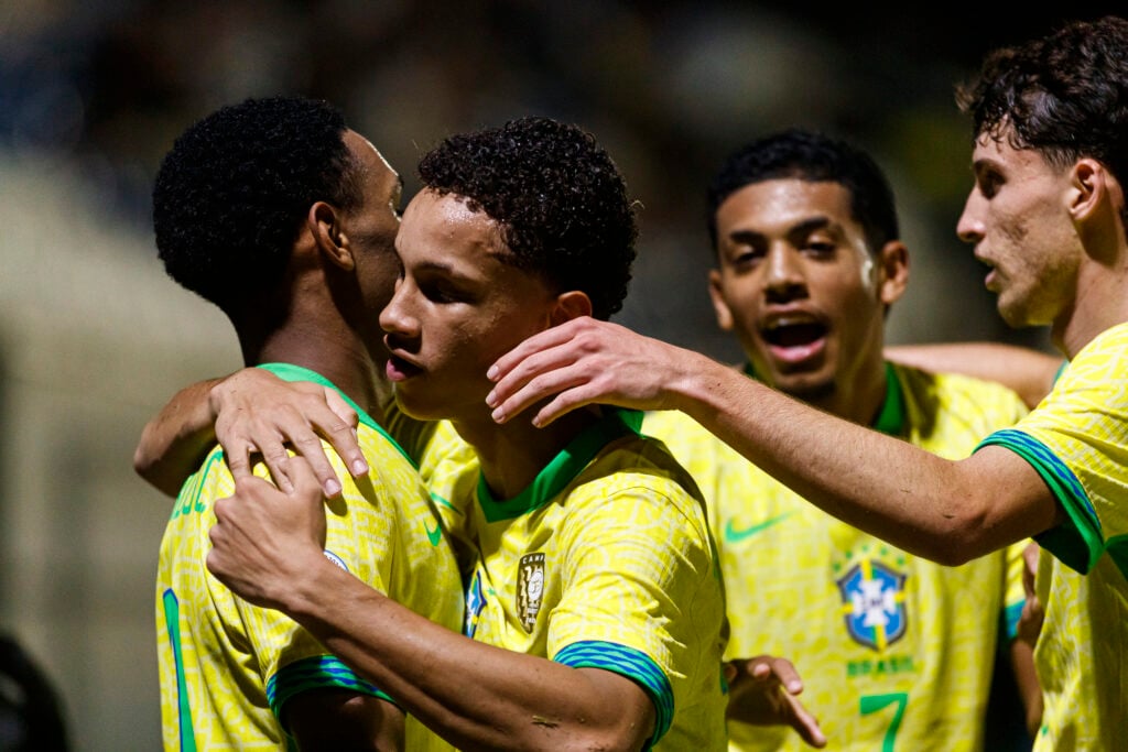 Eduardo Conceicao celebrates with Brazil U17 teammates
