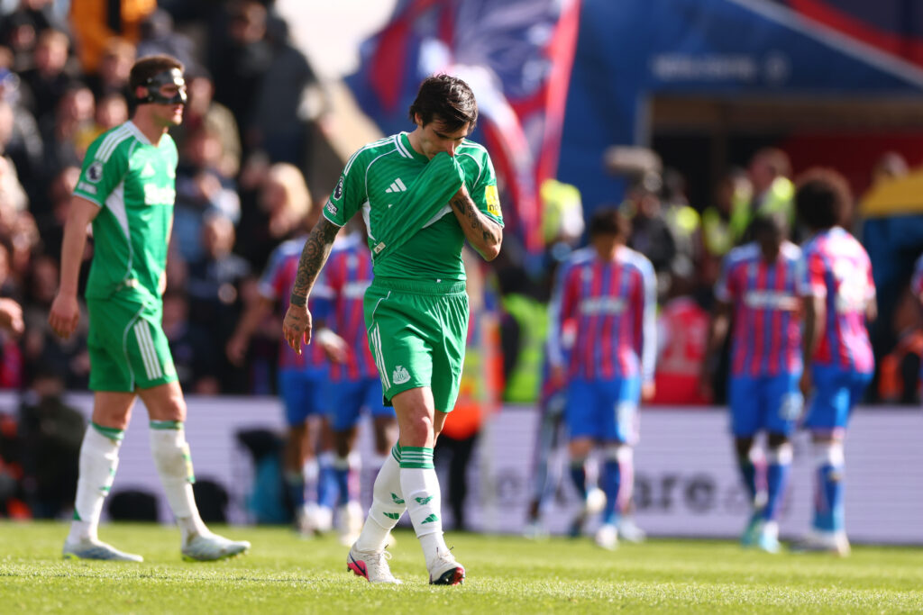 Sandro Tonali looks dejected after Jean-Philippe Mateta scored a penalty for Crystal Palace against Newcastle United.