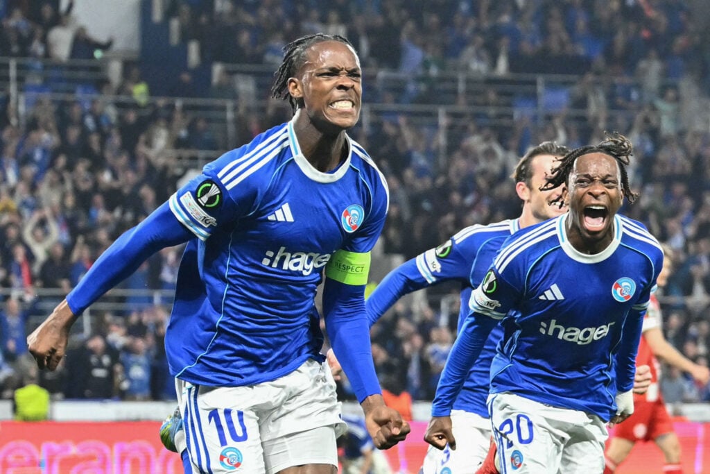 Emanuel Emegha (L) celebrates after scoring FBL-EUR-C4-STRASBOURG-MAINZ