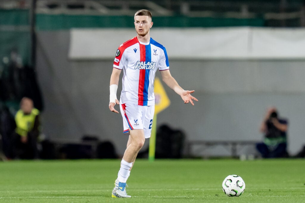 Adam Wharton pictured on the ball during Crystal Palace's UEFA Europa League match against Fiorentina at the Estadio Artemio Franchi