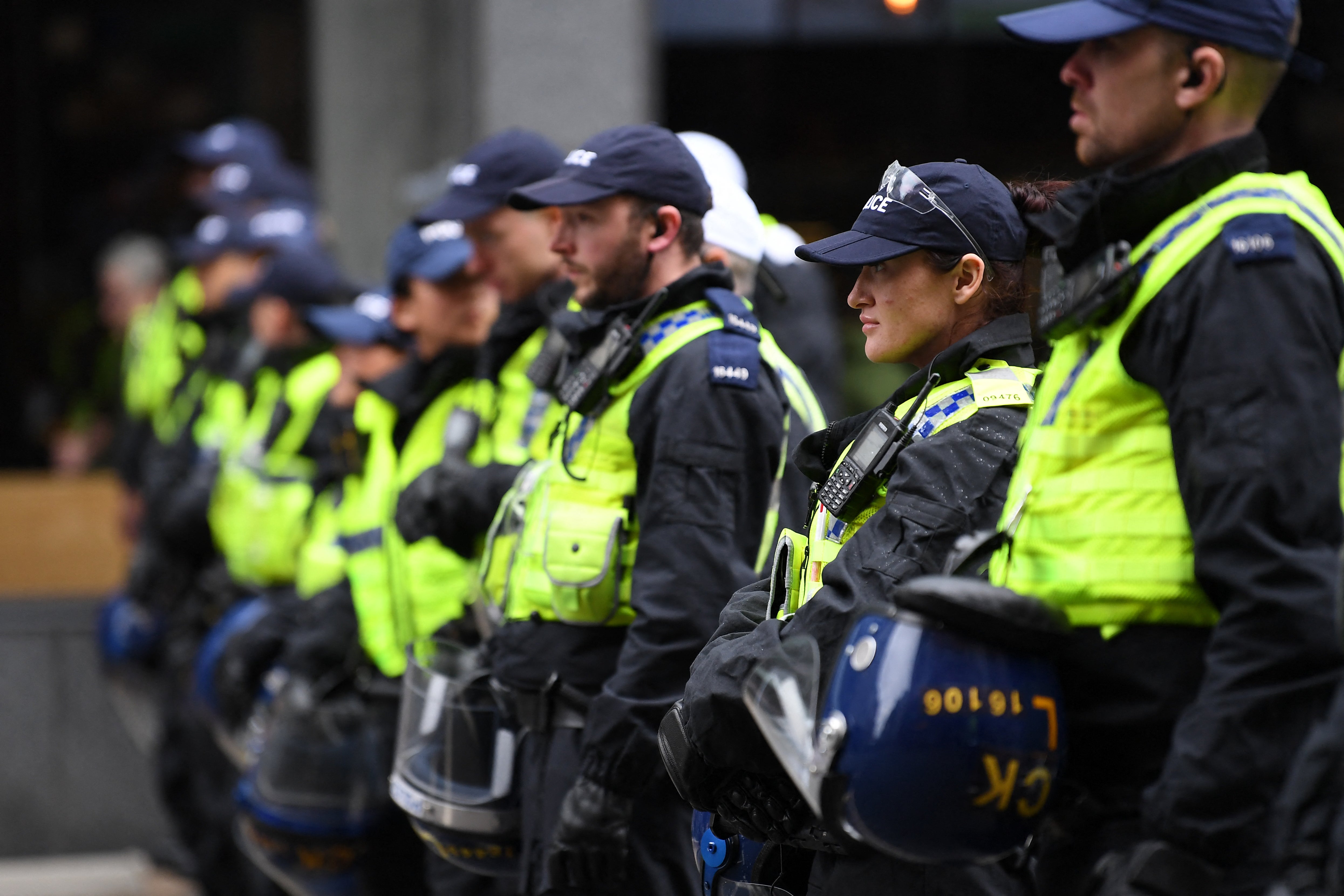 A policer officer looks on during a Britain First march in Manchester