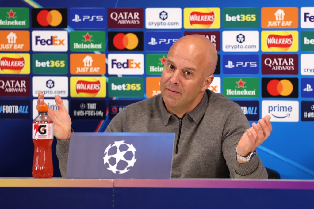 Arne Slot speaks to the media after Liverpool FC v Paris Saint-Germain FC - UEFA Champions League 2025/26 Quarter-Final Second Leg