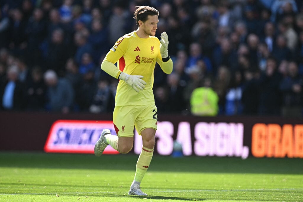 Freddie Woodman is substituted on during Liverpool's Premier League match against Everton at the Hill Dickinson Stadium