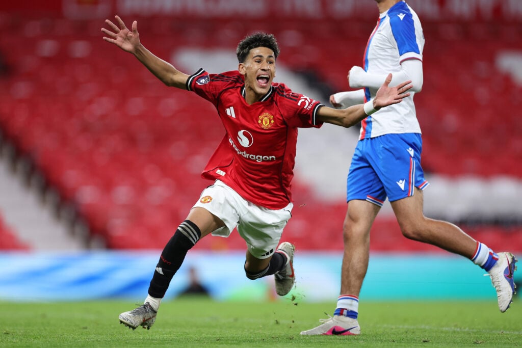 JJ Gabriel celebrates for Manchester United v Crystal Palace