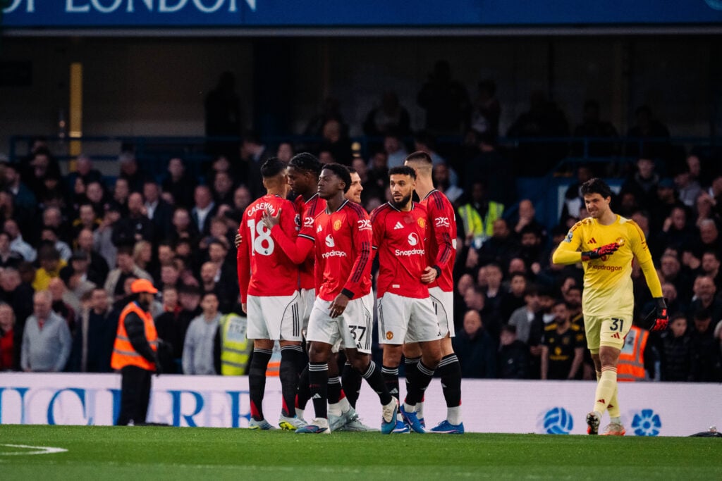 Manchester United players celebrate.