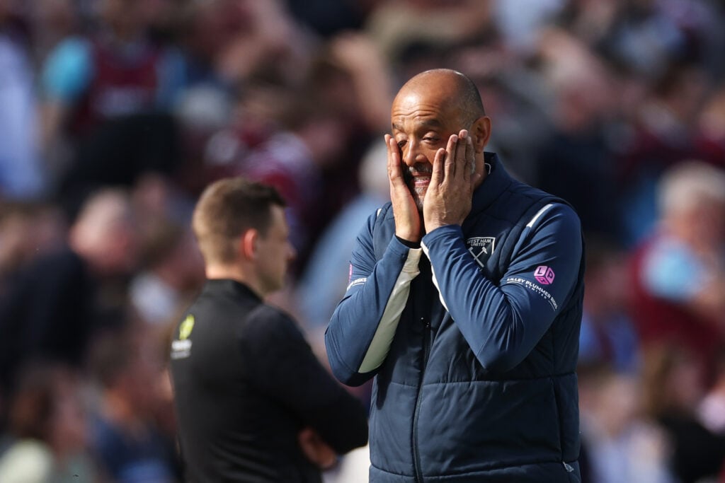 Nuno Espirito Santo looks dejected during West Ham's Premier League game against Everton.