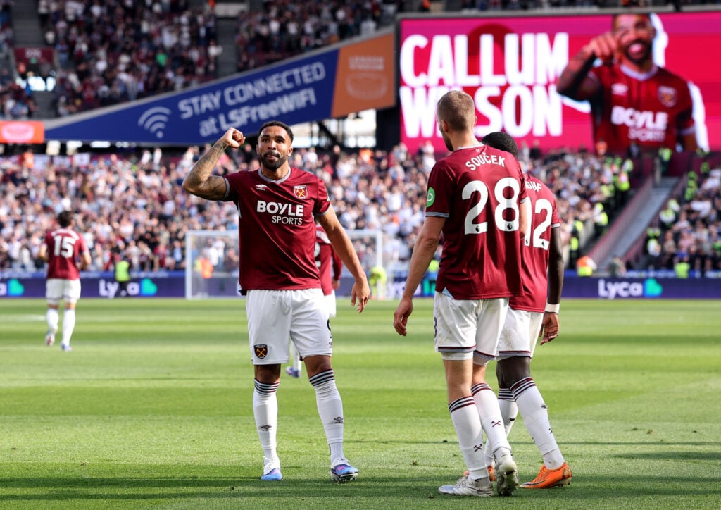 Callum Wilson celebrates after scoring for West Ham United against Everton.