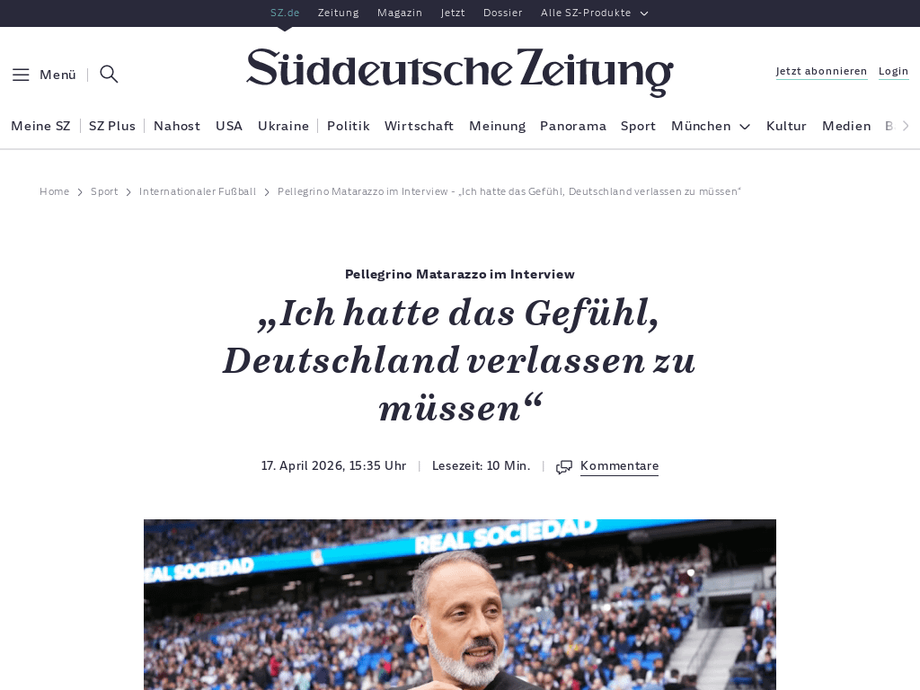 "Ich hatte das Gefühl, Deutschland verlassen zu müssen": Pellegrino Matarazzo steht mit Real Sociedad im spanischen Pokalfinale. Er spricht über die Unterschiede zwischen Hoffenheim und Baskenland, den Respekt vor Diego Simeone und erklärt, wie ihm sein Uni-Abschluss in Mathematik als Trainer hilft.