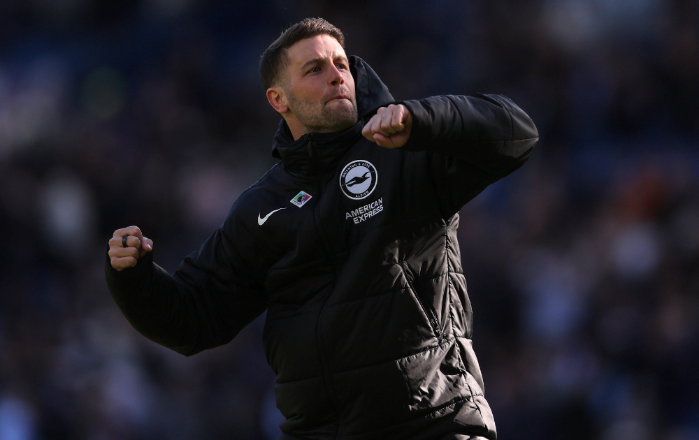 Brighton & Hove Albion manager Fabian Hurzeler celebrates their victory during the Premier League match between Brighton & Hove Albion and Liverpool at Amex Stadium on March 21, 2026