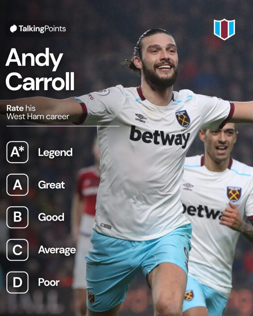 Andy Carroll of West Ham United turns to celebrate after scoring his second goal during the Premier League match between Middlesbrough and West Ham United