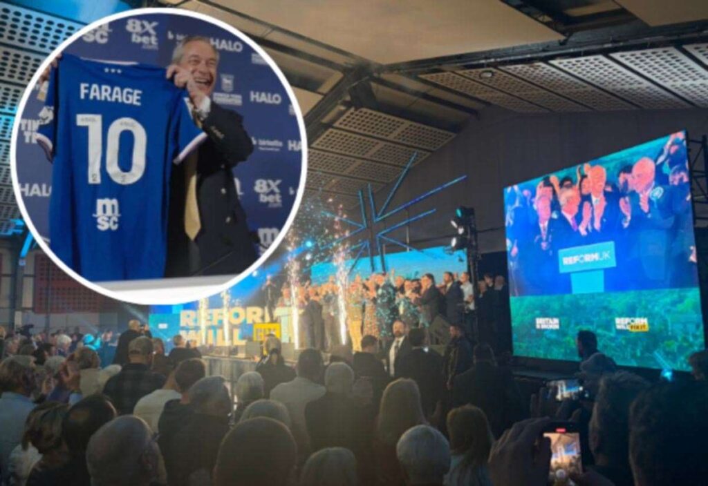 Nigel Farage, leader of Reform UK, speaks on Ipswich Town visit at Norfolk Showground rally