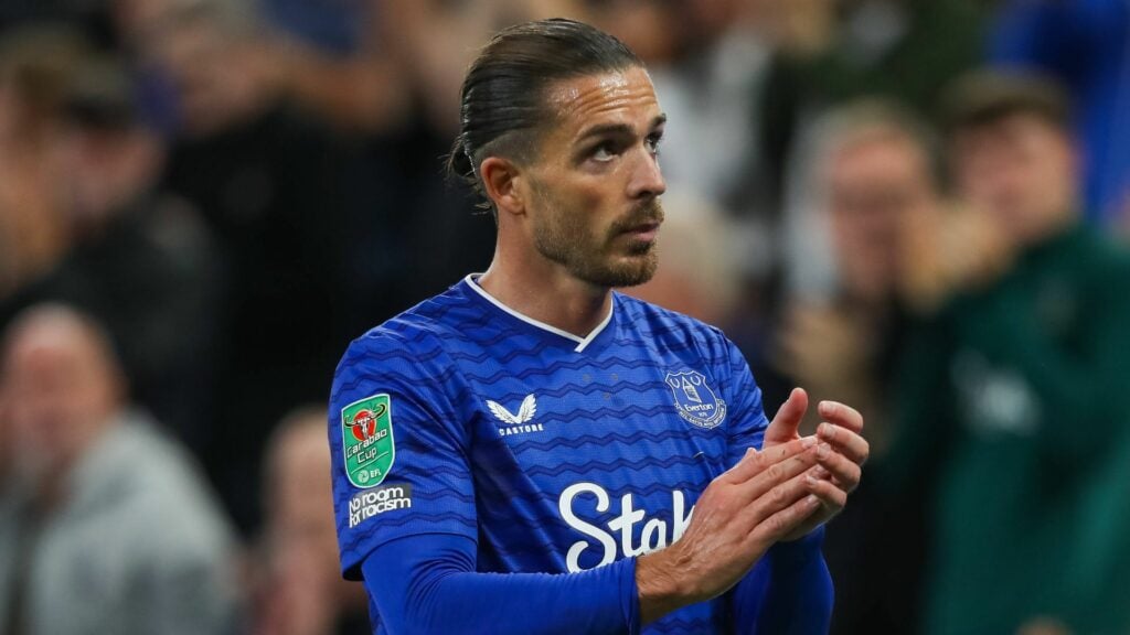 Jack Grealish applauds the Everton supporters