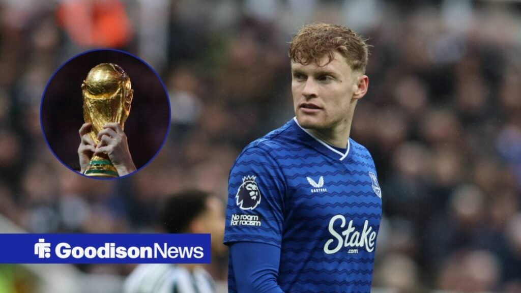 Jarrad Branthwaite of Everton plays during the Premier League match between Newcastle United and Everton, The FIFA World Cup trophy in inset.