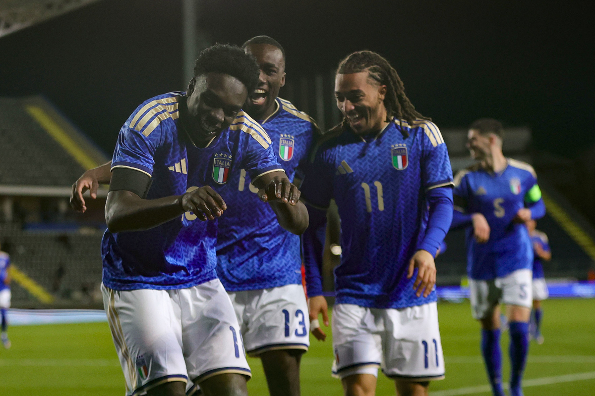 EMPOLI, ITALY - MARCH 26: Jeff Ekhator of Italy U21 celebrates after scoring the team's third goal with Michael Kayode and Luca Kaleosho during the UEFA Under 21 EURO Qualifier match between Italy U21 and North Macedonia U21 at Stadio Carlo Castellani on March 26, 2026 in Empoli, Italy. (Photo by Gabriele Maltinti/Getty Images)