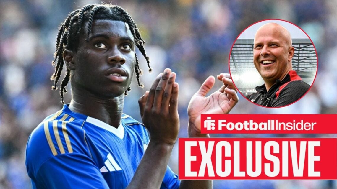 Football Insider exclusive as Leicester winger Jeremy Monga applauds, while Liverpool manager Arne Slot grins in a circular inset.