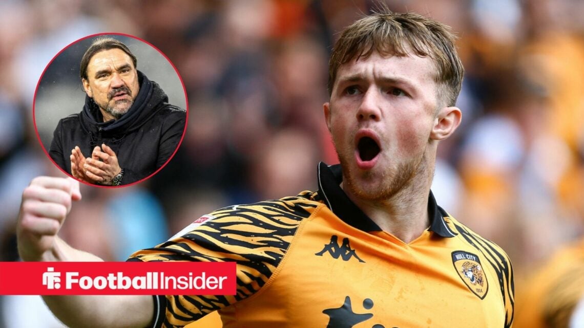 Joe Gelhardt punches the air while celebrating a goal for Hull City, as Leeds manager Daniel Farke applauds in a circular inset.