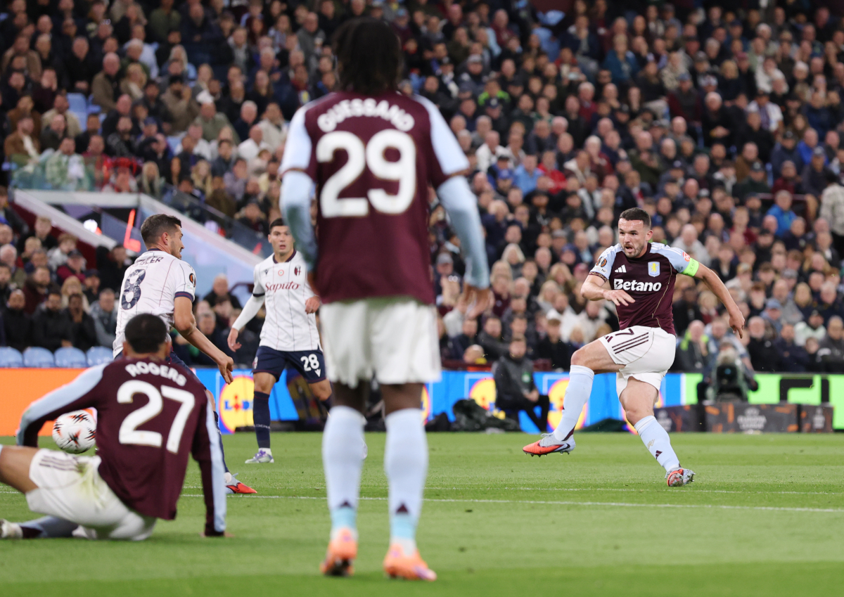 BIRMINGHAM, ENGLAND - SEPTEMBER 25: John McGinn of Aston Villa scores his sides first goal during the UEFA Europa League 2025/26 League Phase MD1 match between Aston Villa FC and Bologna FC 1909 at Villa Park on September 25, 2025 in Birmingham, England. (Photo by Justin Setterfield/Getty Images)