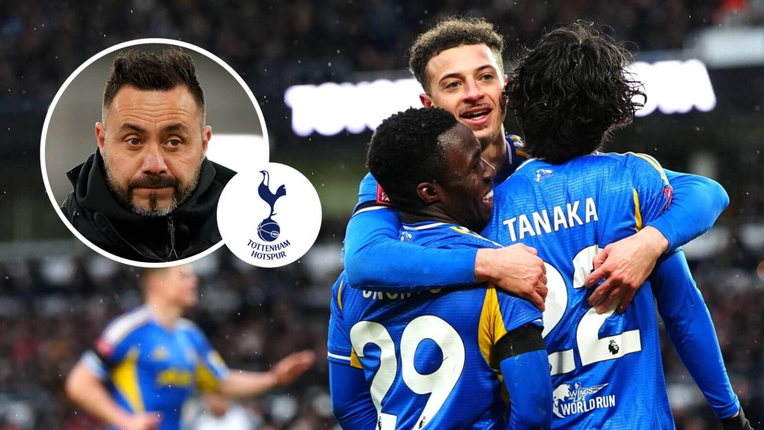 Leeds captain Ethan Ampadu, seen here with Willy Gnonto and Ao Tanaka, and, inset, Tottenham manager Roberto De Zerbi next to the club badge