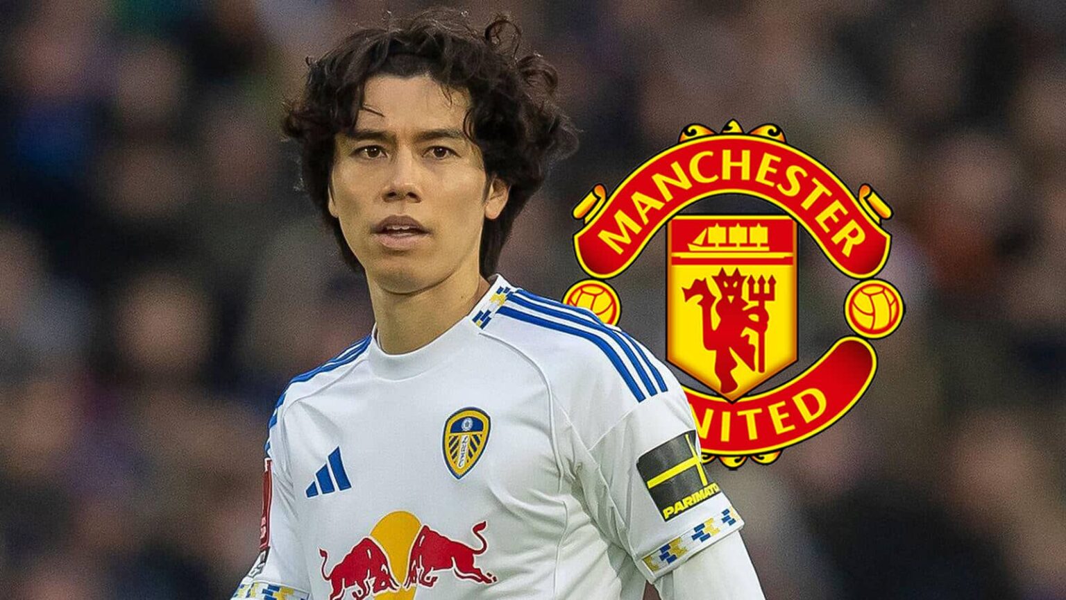 Leeds star Ao Tanaka next to the Manchester United badge