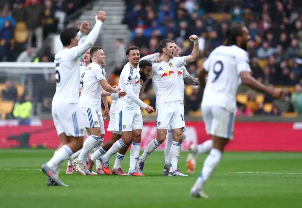 Leeds United celebrate scoring in front of their fans