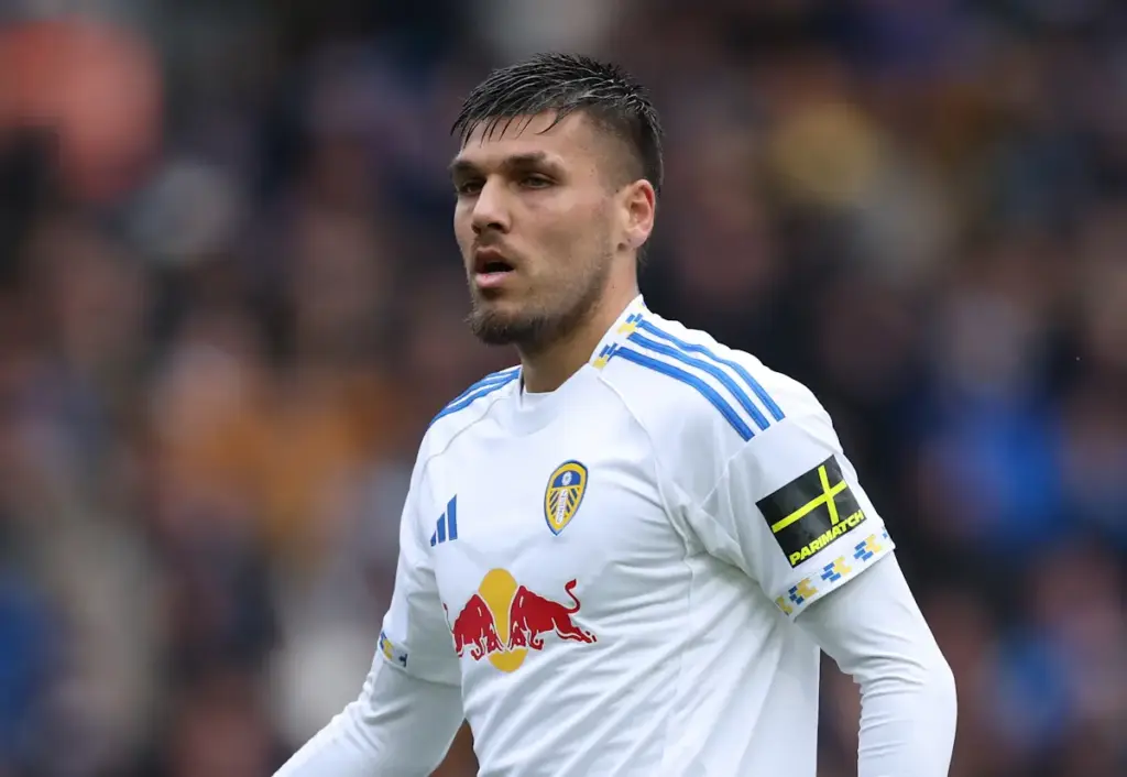Joel Piroe looks on during a Leeds United game