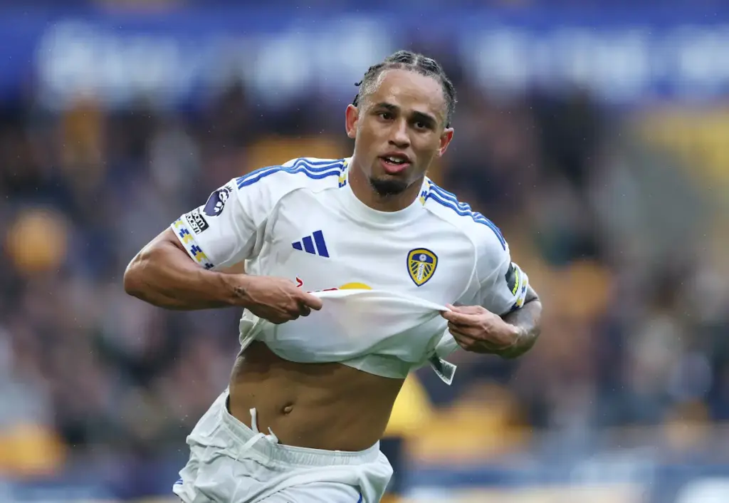Noah Okafor raises his shirt after scoring for Leeds United
