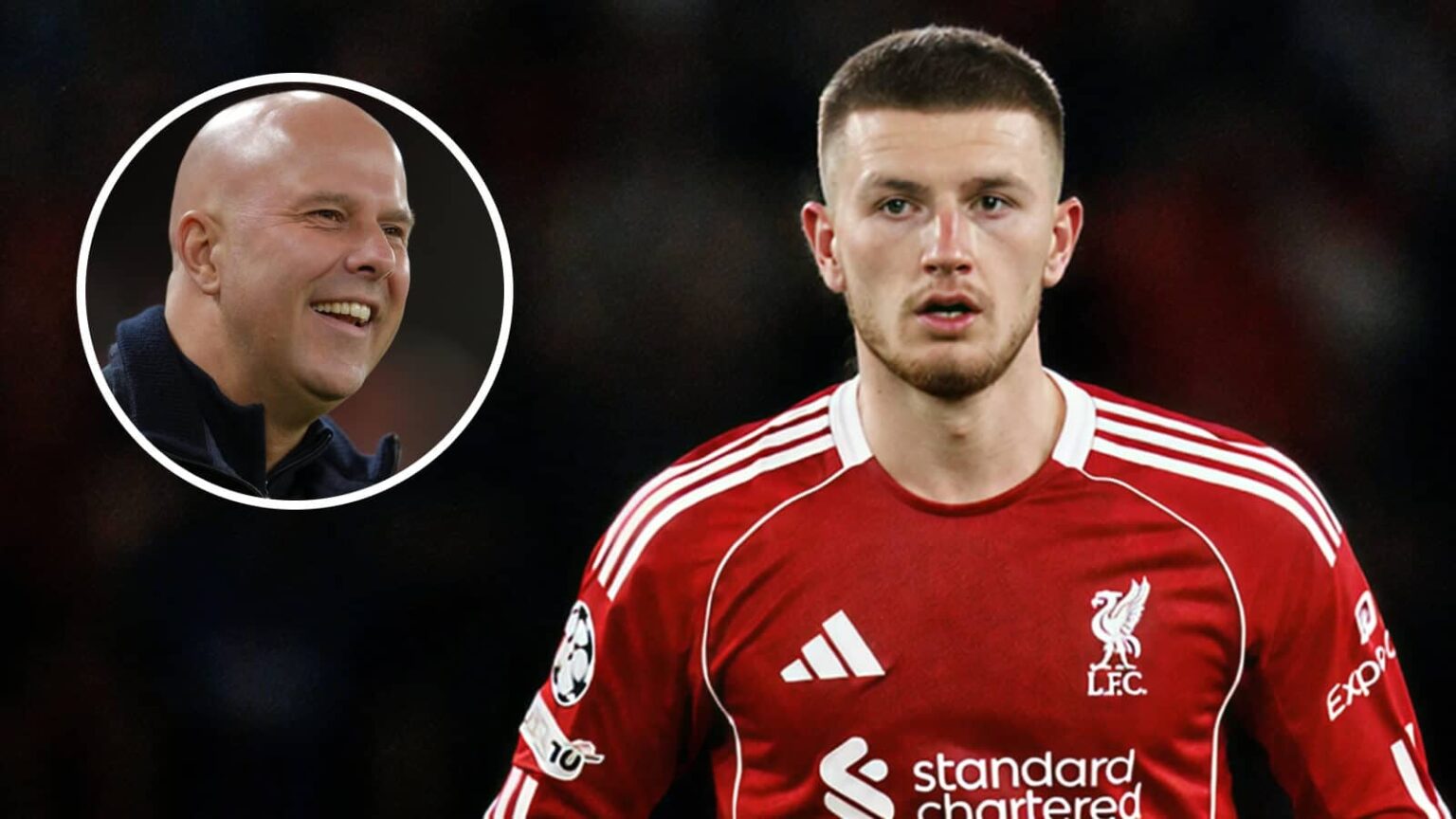 Crystal Palace star Adam Wharton with a Liverpool shirt Photoshoppd on him and, inset, Reds manager Arne Slot