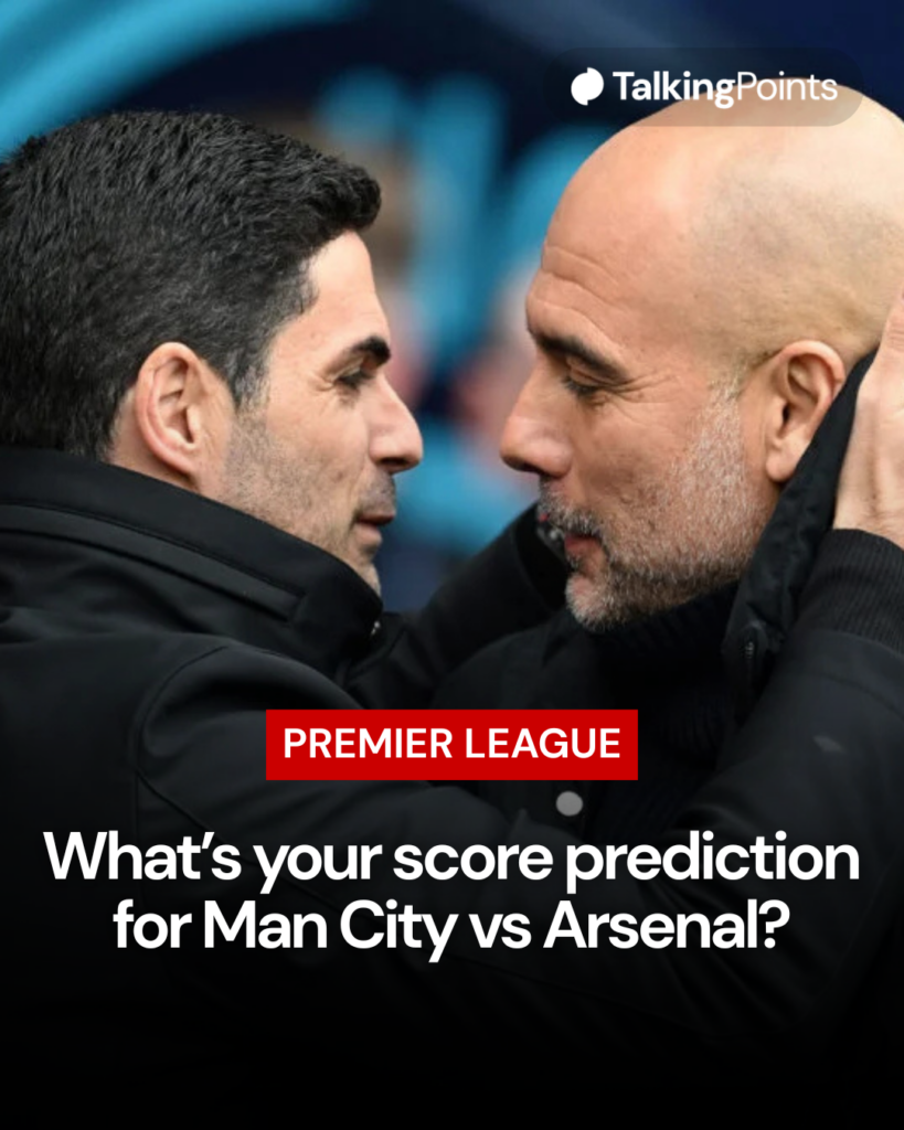 Image of Mikel Arteta and Pep Guardioal embraxing, overlaid a call for fans to predict the score of Man City vs Arsenal
