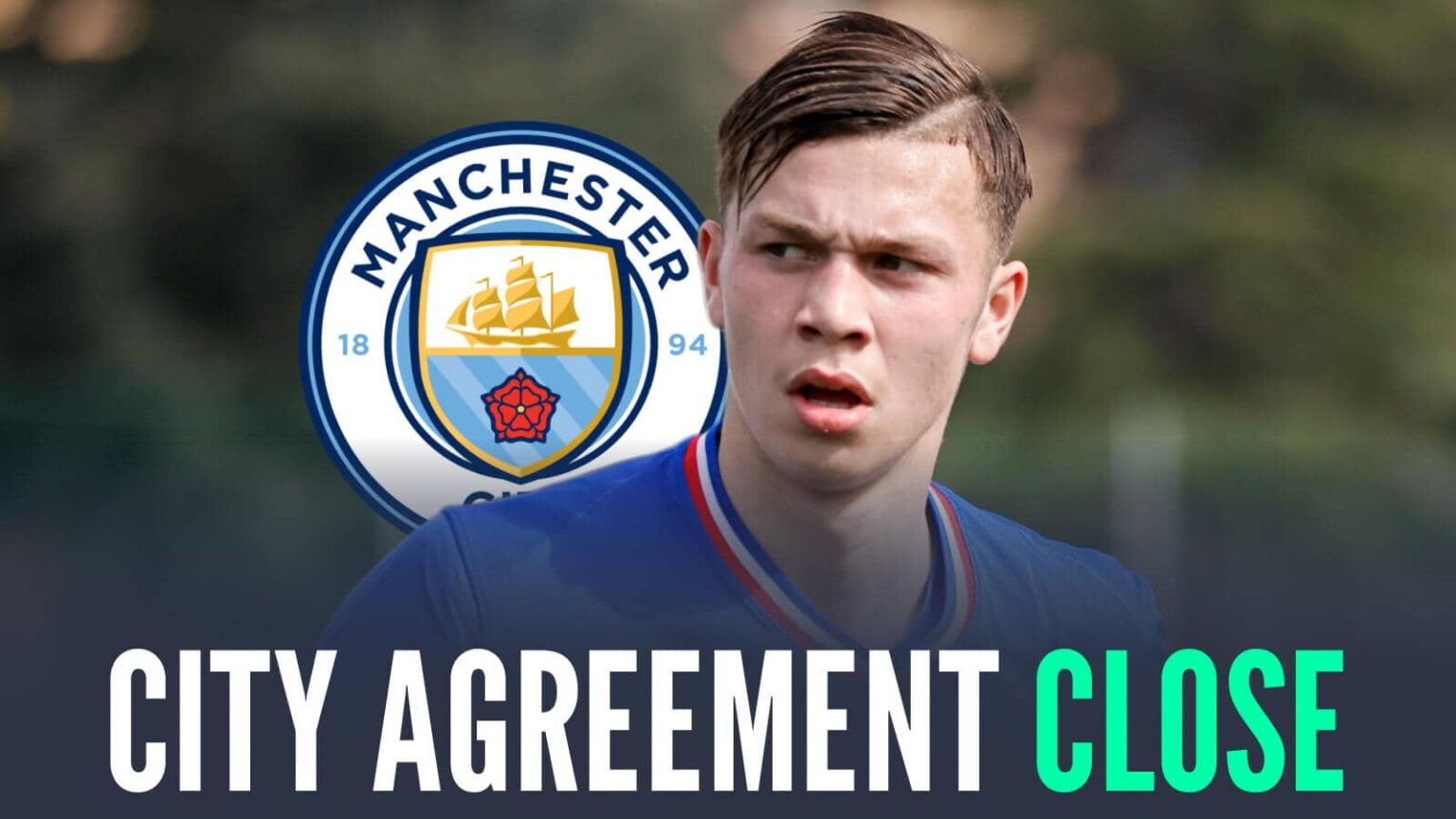 Troyes star Mathys Detourbet next to the Manchester City badge and the words 'City agreement close'
