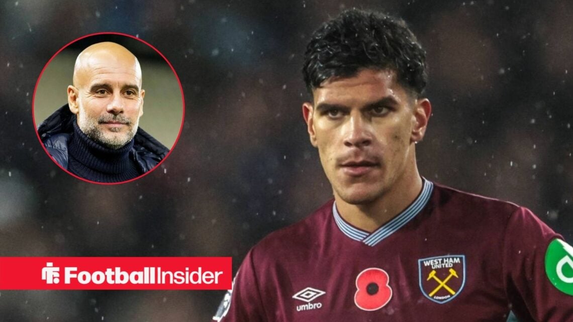 Mateus Fernandes in action for West Ham, with Pep Guardiola in a circular inset