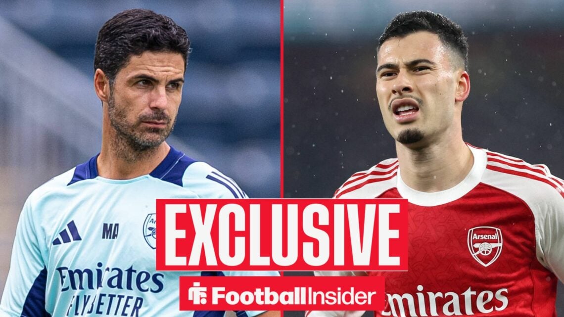 Football Insider exclusive as Arsenal manager Mikel Arteta looks across a split image towards Gabriel Martinelli, who scowls during a game.