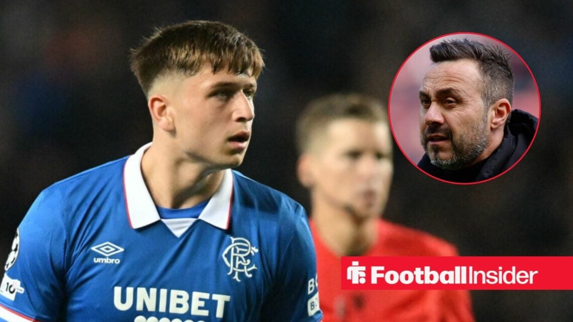 Mikey Moore in action for Rangers, with Roberto De Zerbi in a circular inset